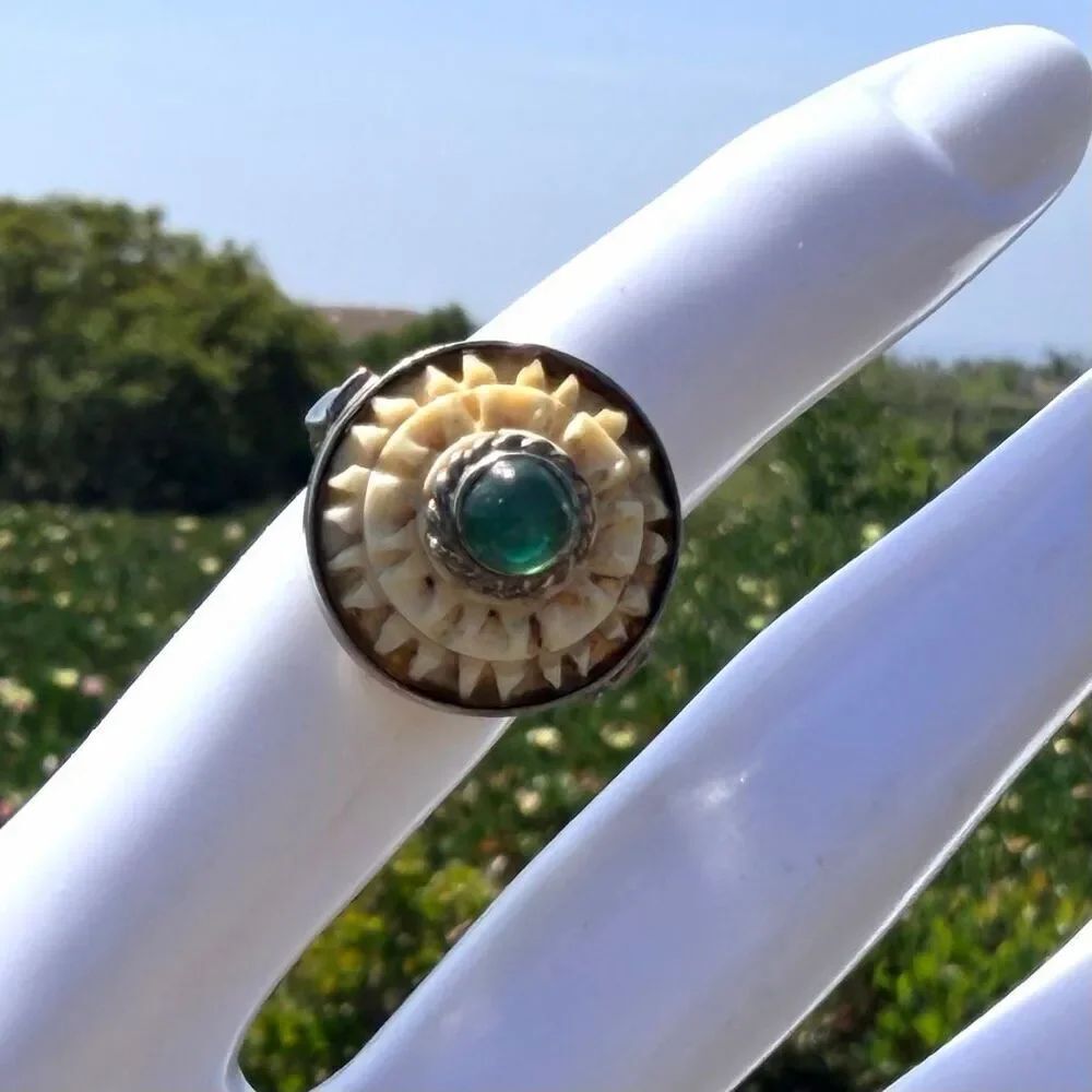 Vintage Sterling Silver Carved Bone Statement Ring Green Glass Cabochon